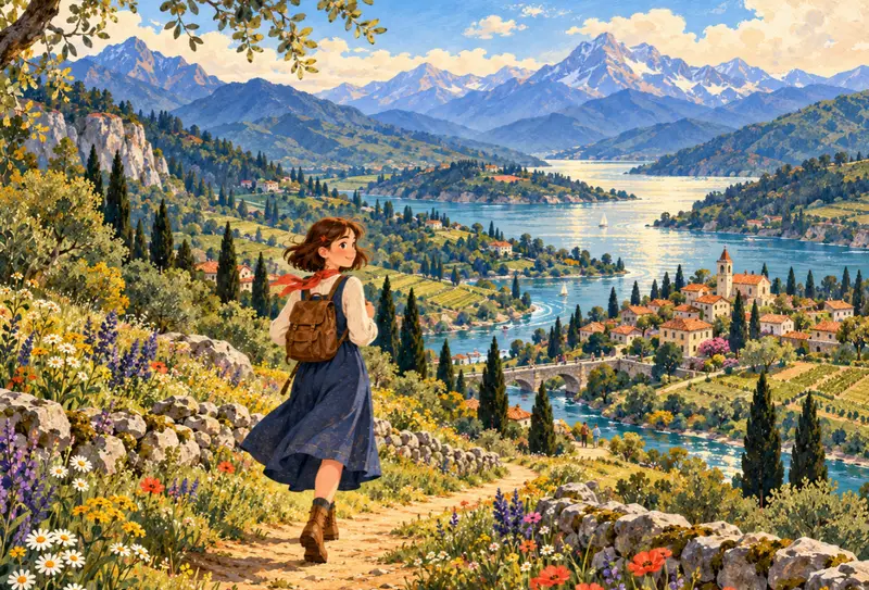 Kate overlooking a lakeside village, with a winding path, bridge, and mountains