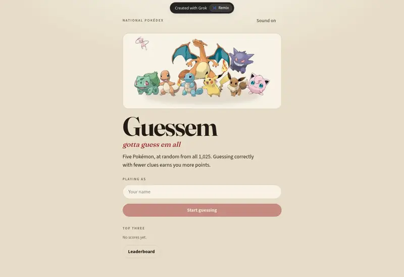 Guessem Pokémon guessing game start screen