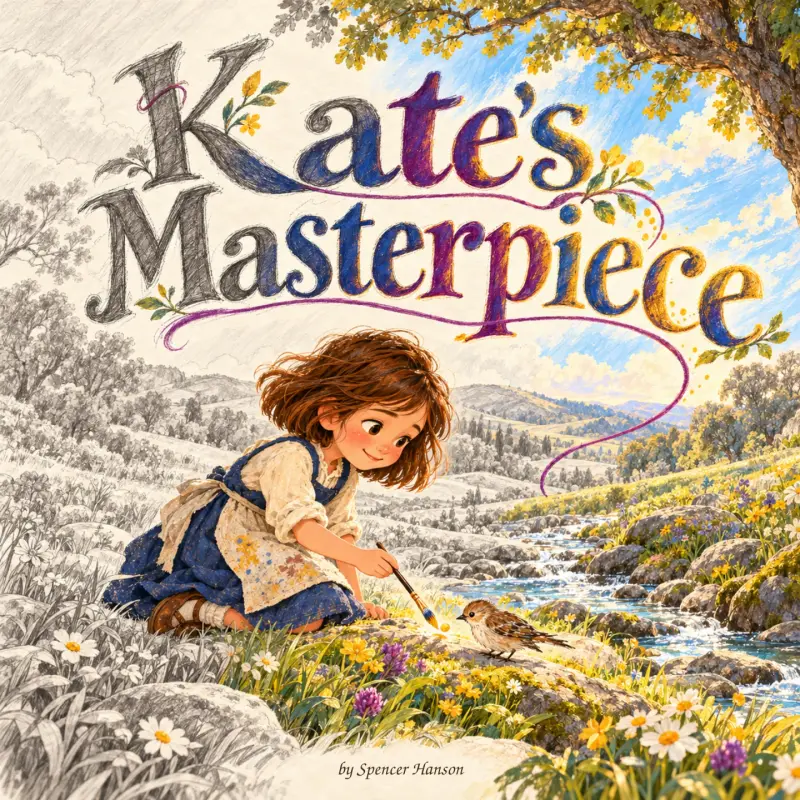 Kate paints a golden seed for a sparrow as a sketched meadow blossoms into color